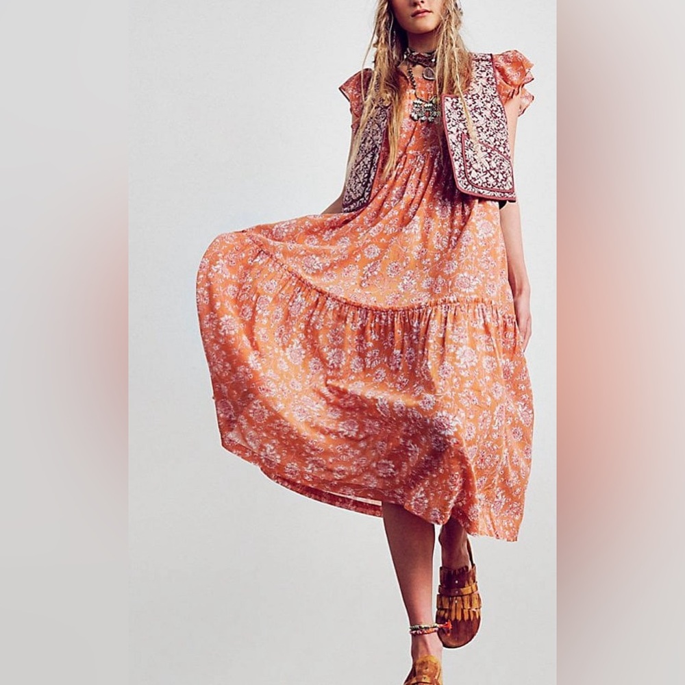 FREE PEOPLE Women's Bonita Floral Print Flutter Sleeve Midi Dress NWOT